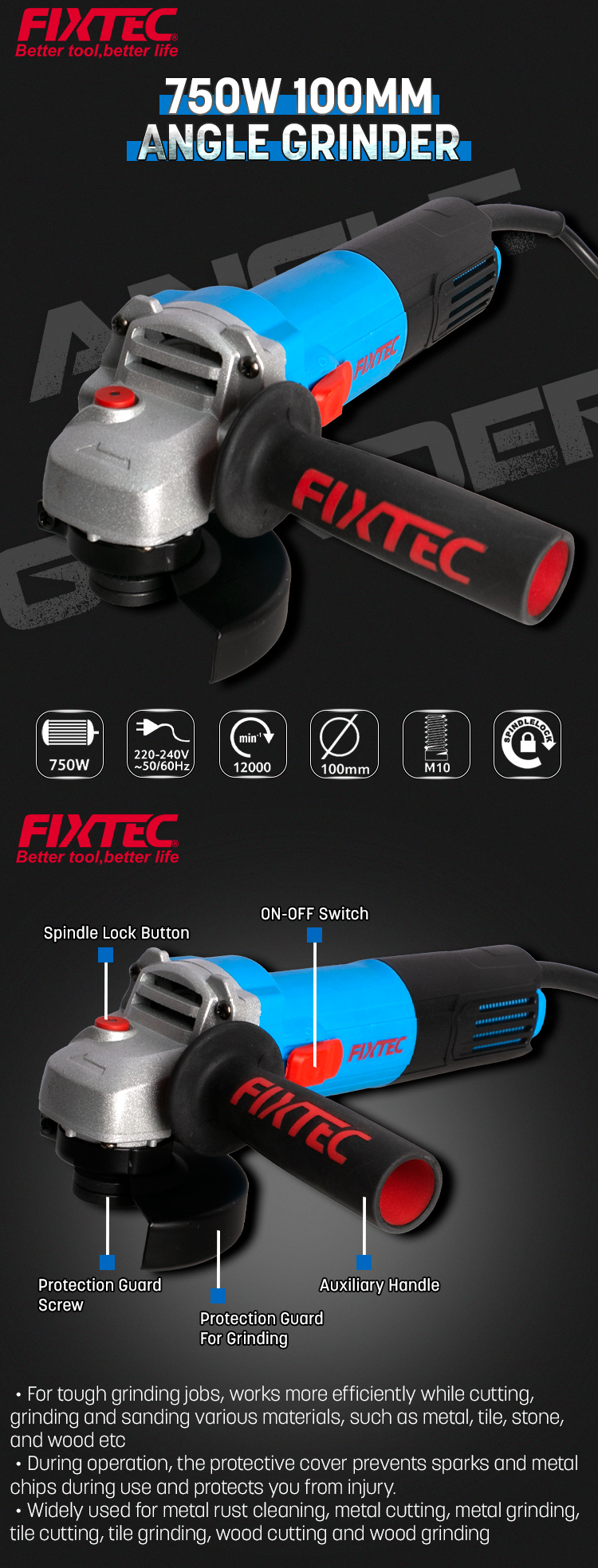 Угловая шлифовальная машина 750 Вт, 4 дюйма