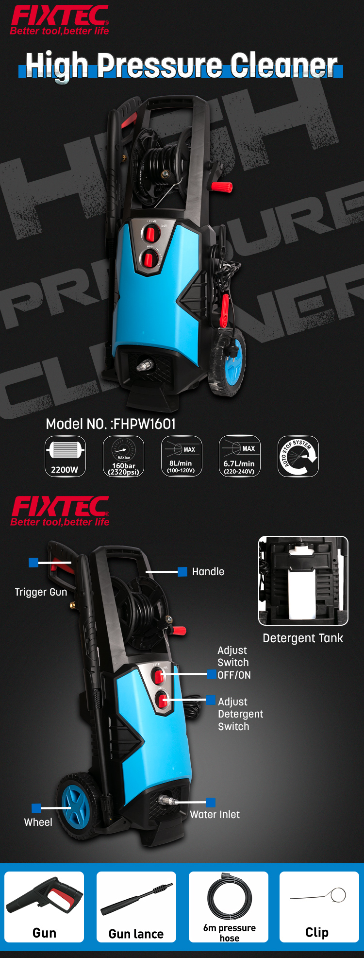 Мойка высокого давления мощностью 2200 Вт.