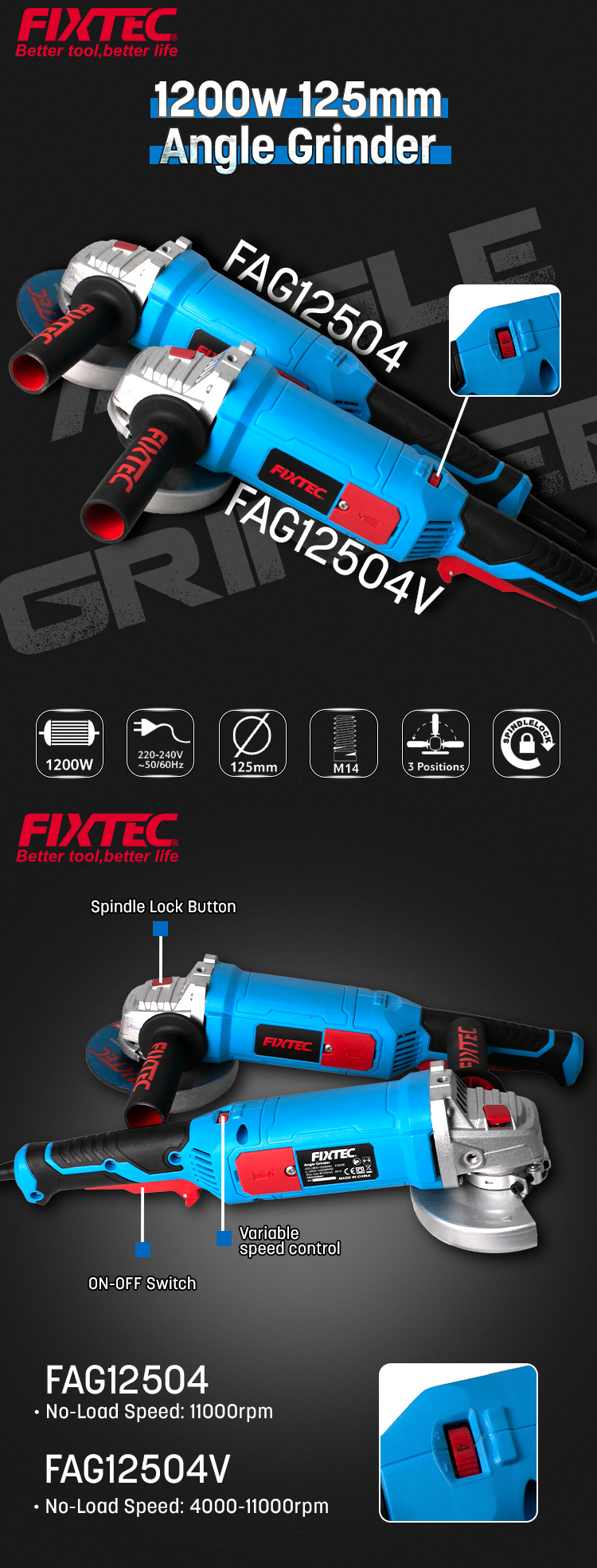 Угловая шлифовальная машина 1200 Вт, 125 мм