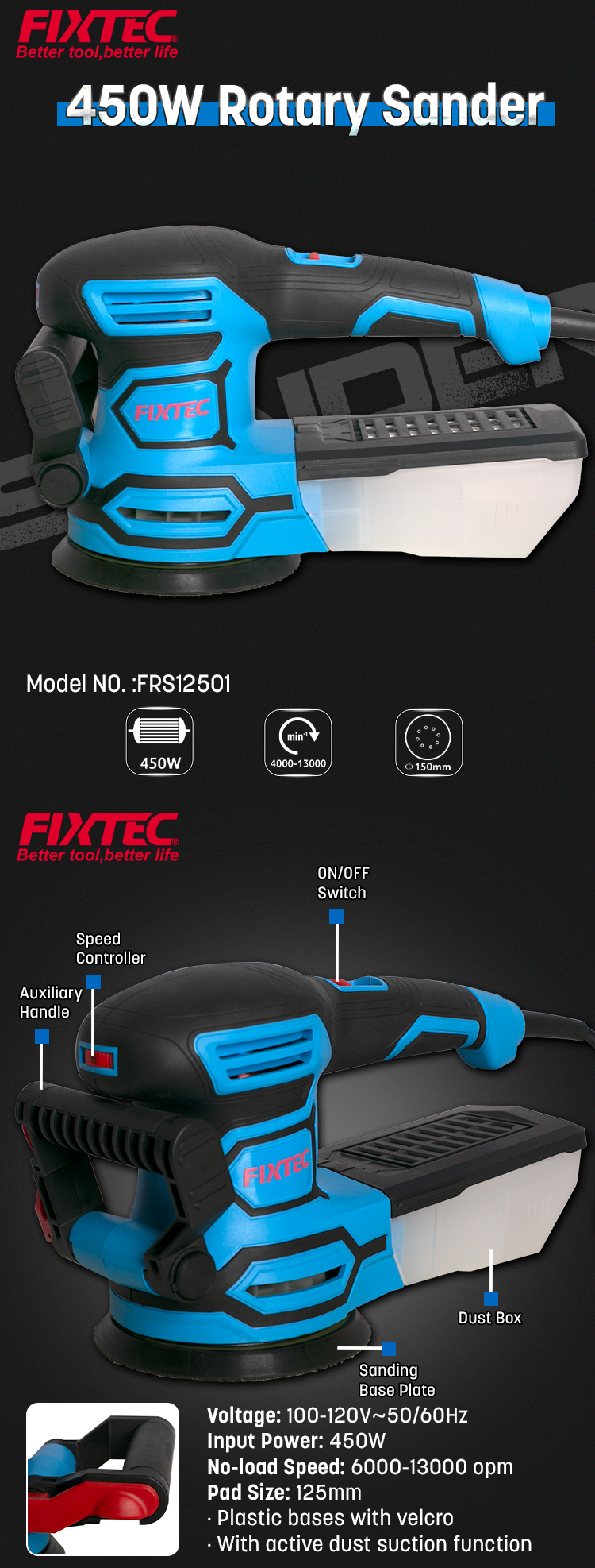 FIXTEC 5-дюймовая ротационная шлифовальная машина