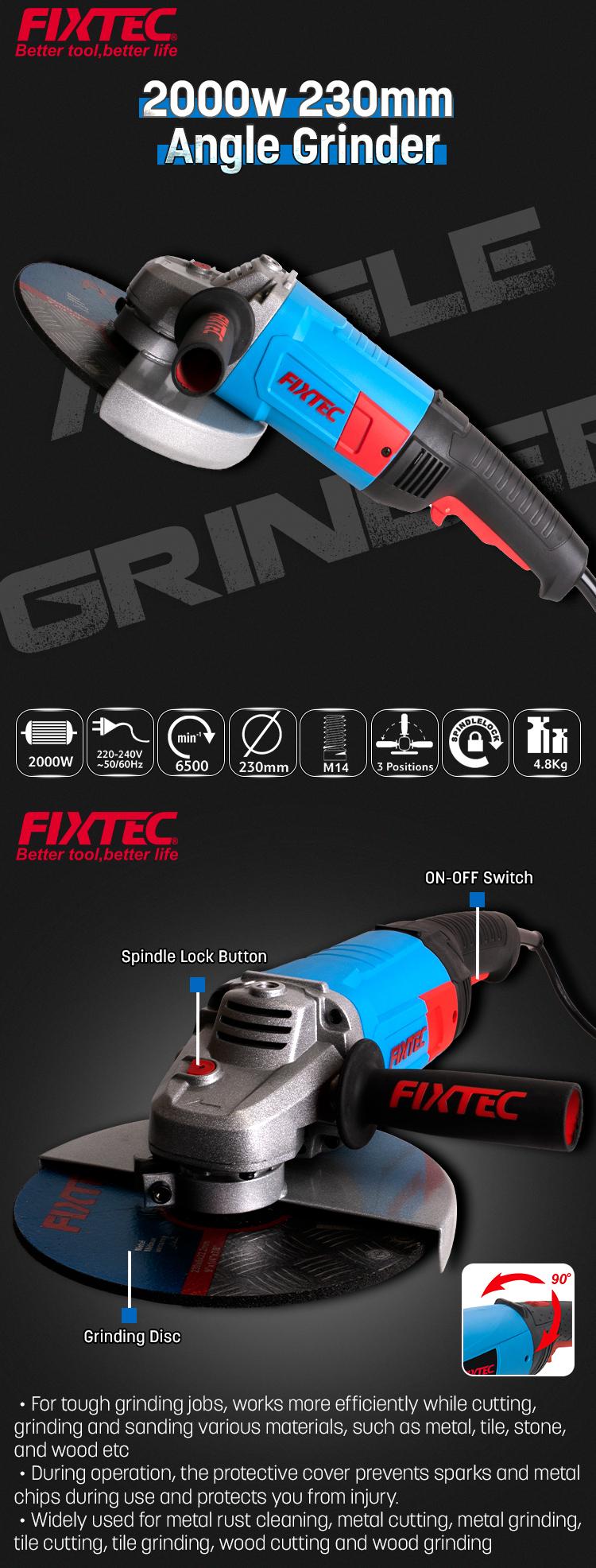 Угловая шлифовальная машина 2000 Вт, 230 мм